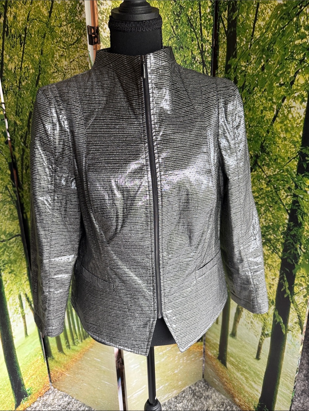 Carlisle Pewter Silver Shimmer Zip Front Jacket Blazer US 8 Career Evening